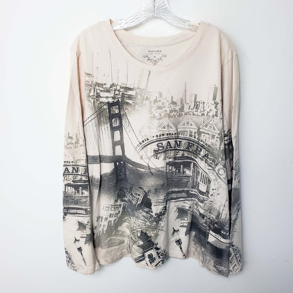 Sonoma Women's Cream City Scape Scoop Neck Long Sleeve XL Top Blouse Tee Shirt
